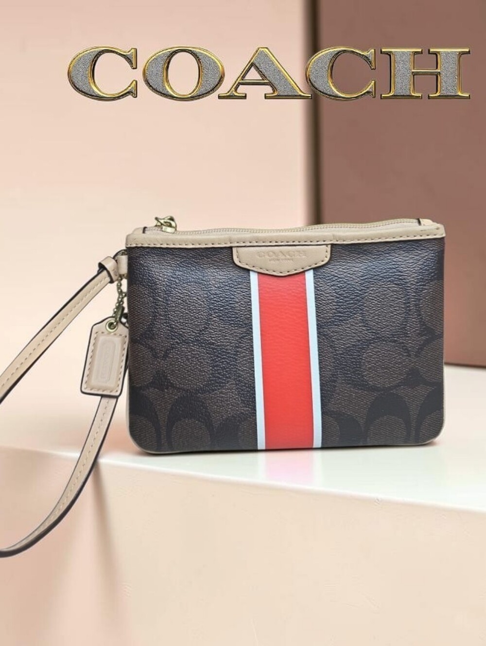 Coach Signature Stripe Corner Zip Wristlet Brown/Vermillion F51233